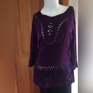 Catherine Malandrino Yellow Label Aubergine Adelina Embroidered Top NWT